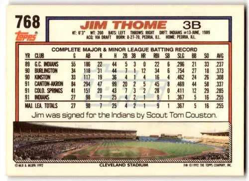 Original gloss Jim Thome baseball card from 1992 Topps #768 with Simply Sandoval ID 43494