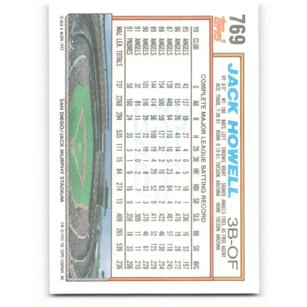 1992 Topps #769 Jack Howell NM-MT San Diego Padres Baseball Card - Baseball Card Single