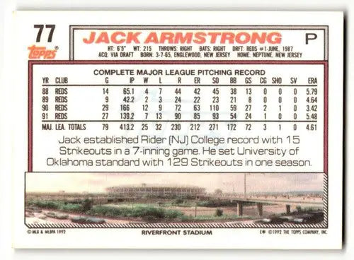 Back of 1992 Topps Jack Armstrong Cincinnati Reds baseball card showing original gloss