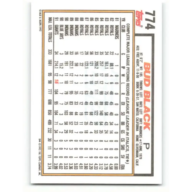 1992 Topps #774 Bud Black NM-MT San Francisco Giants Baseball Card - Baseball Card Single