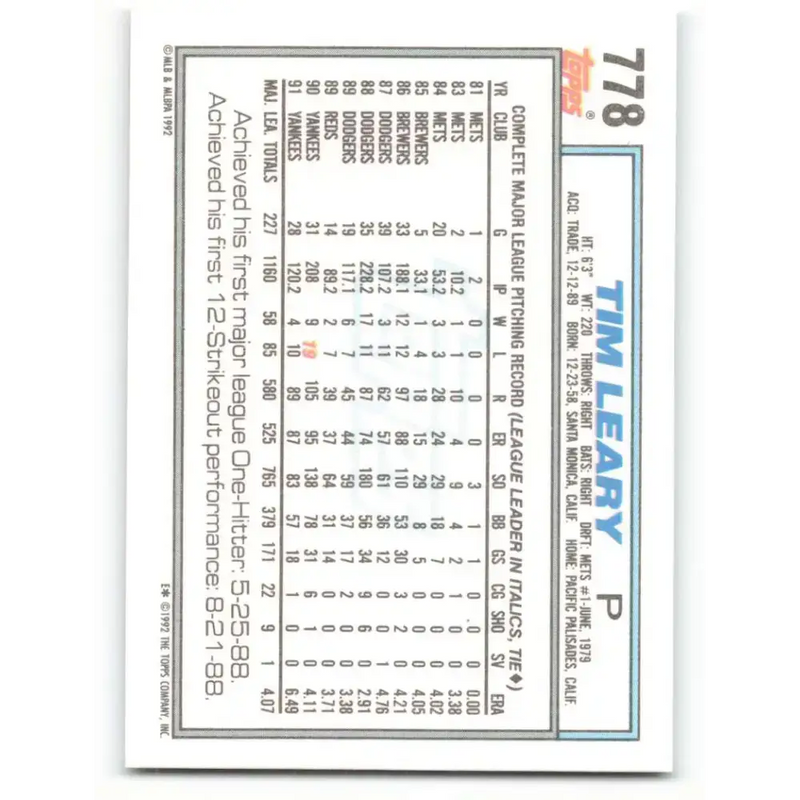 1992 Topps #778 Tim Leary NM-MT New York Yankees Baseball Card - Baseball Card Single
