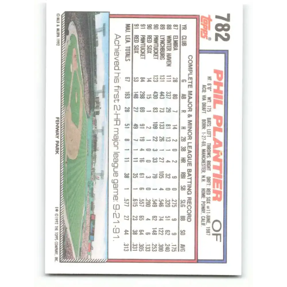 1992 Topps #782 Phil Plantier NM-MT Boston Red Sox Baseball Card - Baseball Card Single