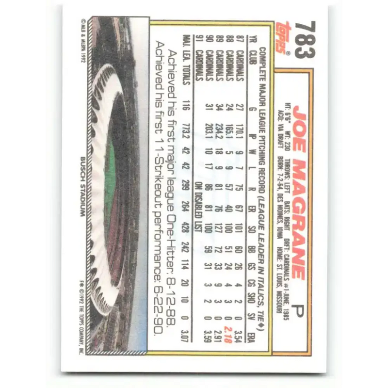 1992 Topps #783 Joe Magrane EX Excellent St. Louis Cardinals Baseball Card - Baseball Card Single