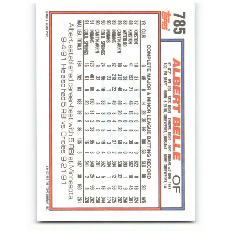 1992 Topps #785 Albert Belle NM-MT Cleveland Indians Baseball Card - Baseball Card Single