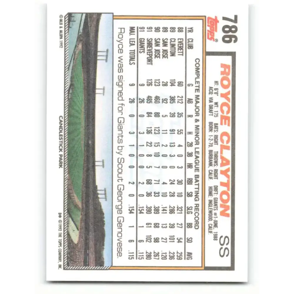 1992 Topps #786 Royce Clayton EX Excellent San Francisco Giants Baseball Card - Baseball Card Single