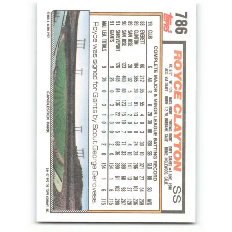 1992 Topps #786 Royce Clayton EX Excellent San Francisco Giants Baseball Card - Baseball Card Single