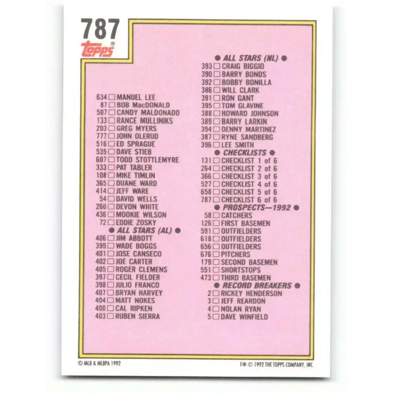 1992 Topps #787 Checklist 661-792 NM-MT Baseball Card - Baseball Card Single