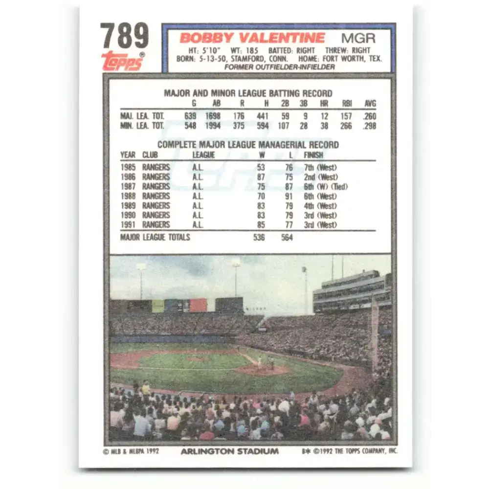 1992 Topps #789 Bobby Valentine NM-MT Texas Rangers Baseball Card - Baseball Card Single