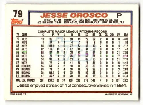 1992 Topps #79 Jesse Orosco Cleveland Indians Baseball Cards EX/NM ID:61139 - Baseball Card Single