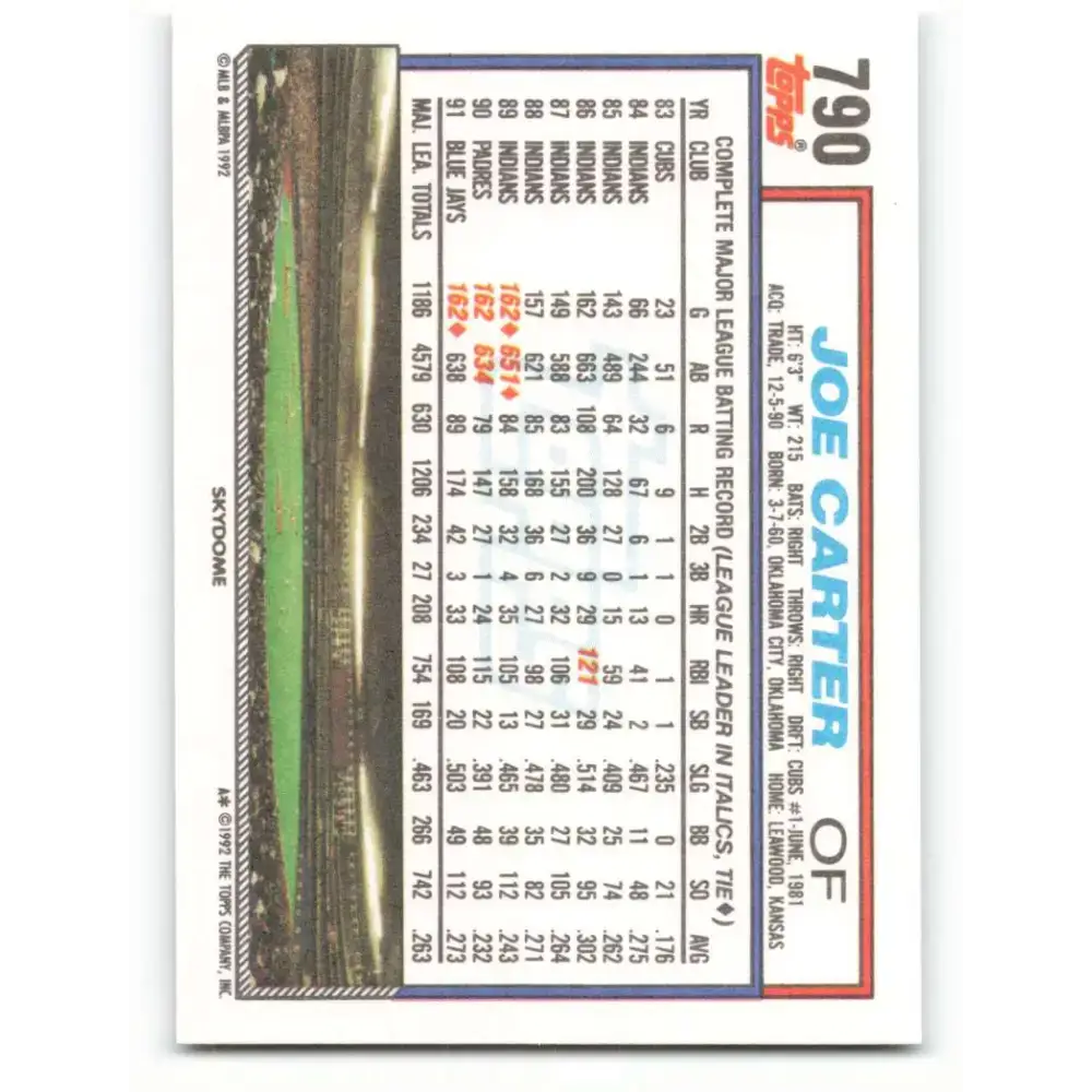 1992 Topps #790 Joe Carter NM-MT Toronto Blue Jays Baseball Card - Baseball Card Single