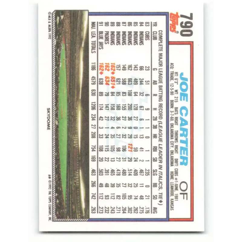 1992 Topps #790 Joe Carter NM-MT Toronto Blue Jays Baseball Card - Baseball Card Single