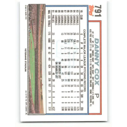 1992 Topps #791 Danny Cox EX Excellent Philadelphia Phillies Baseball Card - Baseball Card