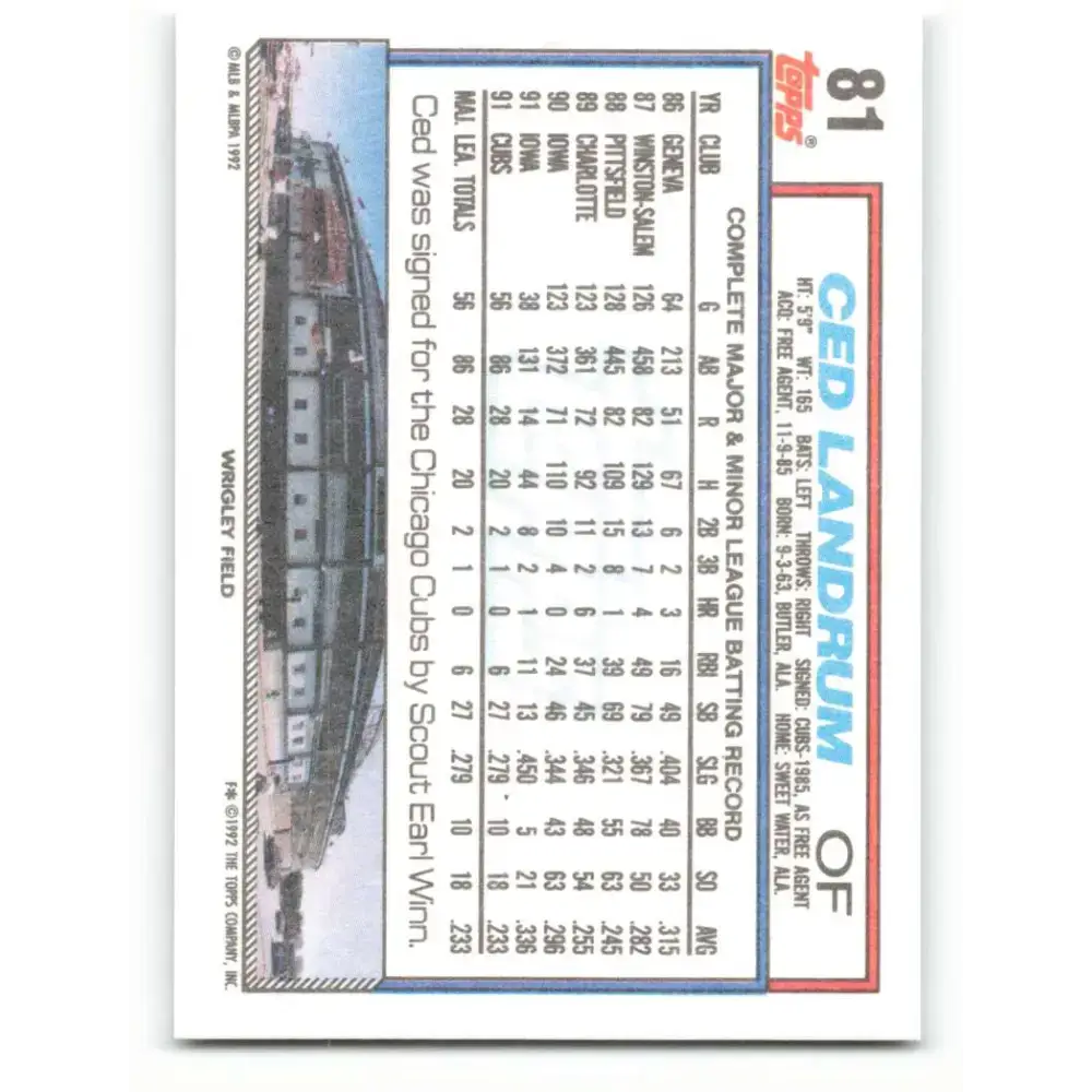 1992 Topps #81 Ced Landrum NM-MT Chicago Cubs Baseball Card - Baseball Card Single