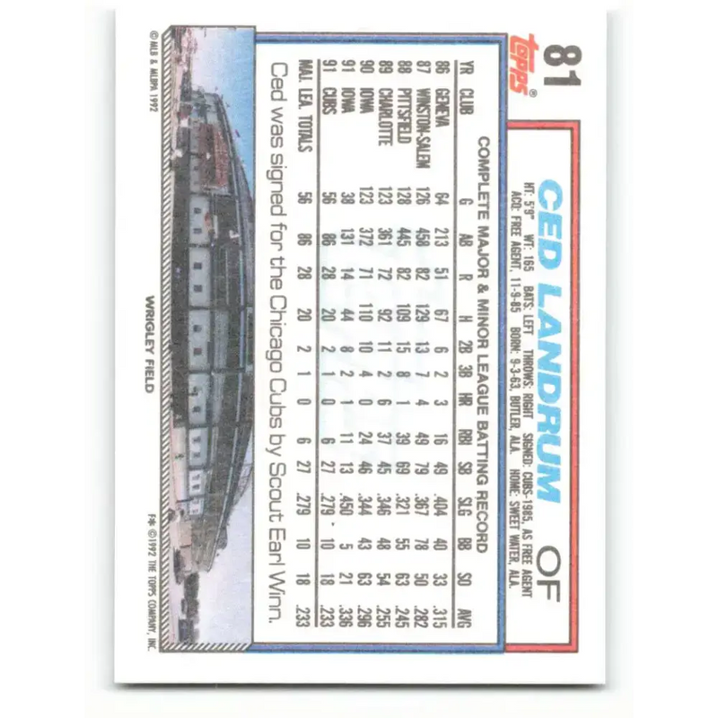 1992 Topps #81 Ced Landrum NM-MT Chicago Cubs Baseball Card - Baseball Card Single