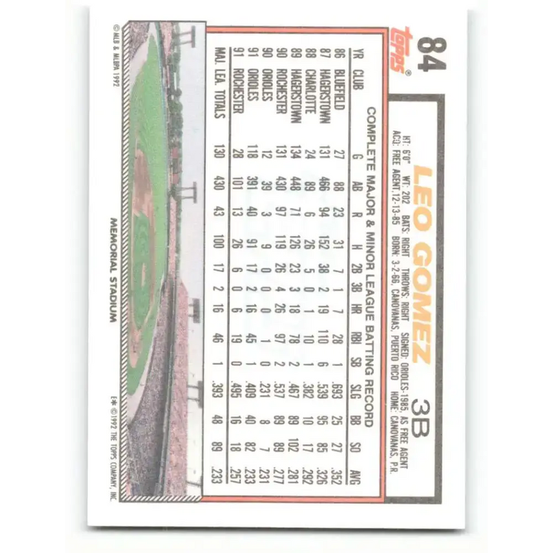 1992 Topps #84 Leo Gomez EX Excellent Baltimore Orioles Baseball Card - Baseball Card Single