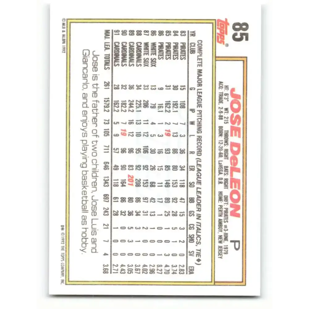 1992 Topps #85 Jose DeLeon NM-MT St. Louis Cardinals Baseball Card