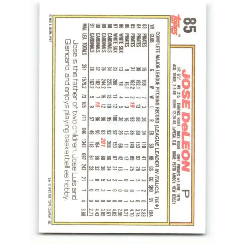 1992 Topps #85 Jose DeLeon NM-MT St. Louis Cardinals Baseball Card