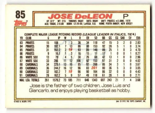 1992 Topps #85 Jose DeLeon St. Louis Cardinals Baseball Cards EX/NM ID:61121 - Baseball Card Single
