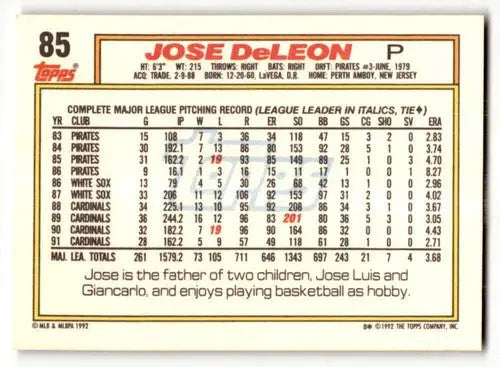 1992 Topps #85 Jose DeLeon St. Louis Cardinals Baseball Cards EX/NM ID:61152 - Baseball Card Single