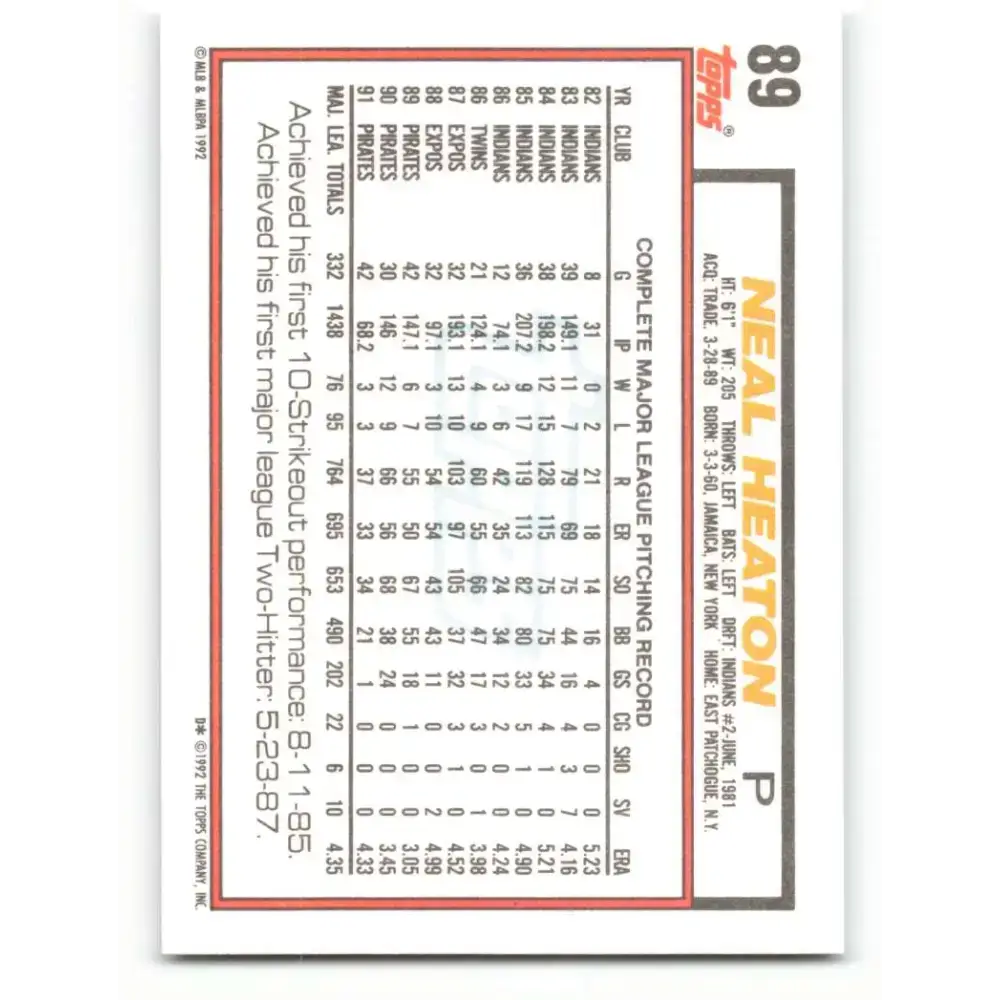 1992 Topps #89 Neal Heaton EX Excellent Pittsburgh Pirates Baseball Card - Baseball Card