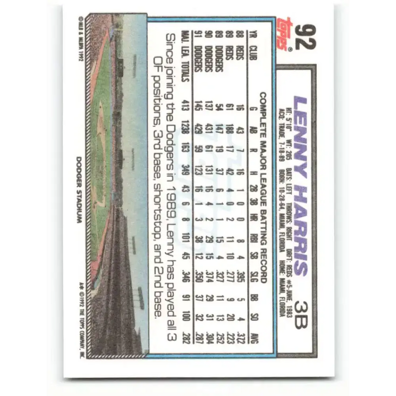 1992 Topps #92 Lenny Harris NM-MT Los Angeles Dodgers Baseball Card - Baseball Card Single