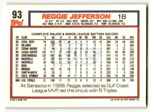 1992 Topps #93 Reggie Jefferson Cleveland Indians Baseball Cards EX/ ID:61141 - Baseball Card Single