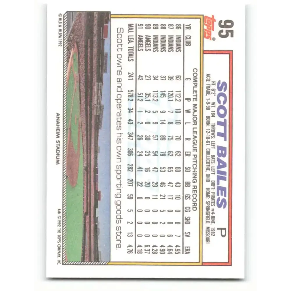 1992 Topps #95 Scott Bailes NM-MT California Angels Baseball Card - Baseball Card Single