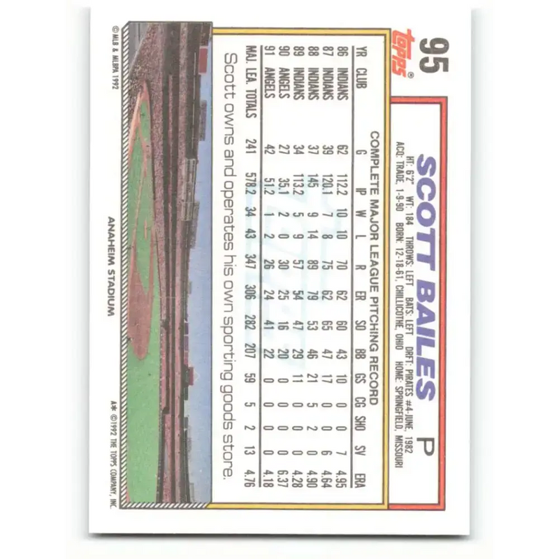 1992 Topps #95 Scott Bailes NM-MT California Angels Baseball Card - Baseball Card Single