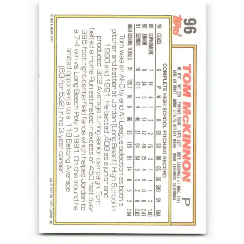 1992 Topps #96 Tom McKinnon EX Excellent RC Rookie St. Louis Cardinals Baseball Card