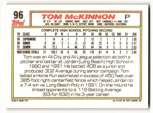 1992 Topps #96 Tom McKinnon NM-MT RC Rookie Cardinals ID:53822 - Baseball Card Single