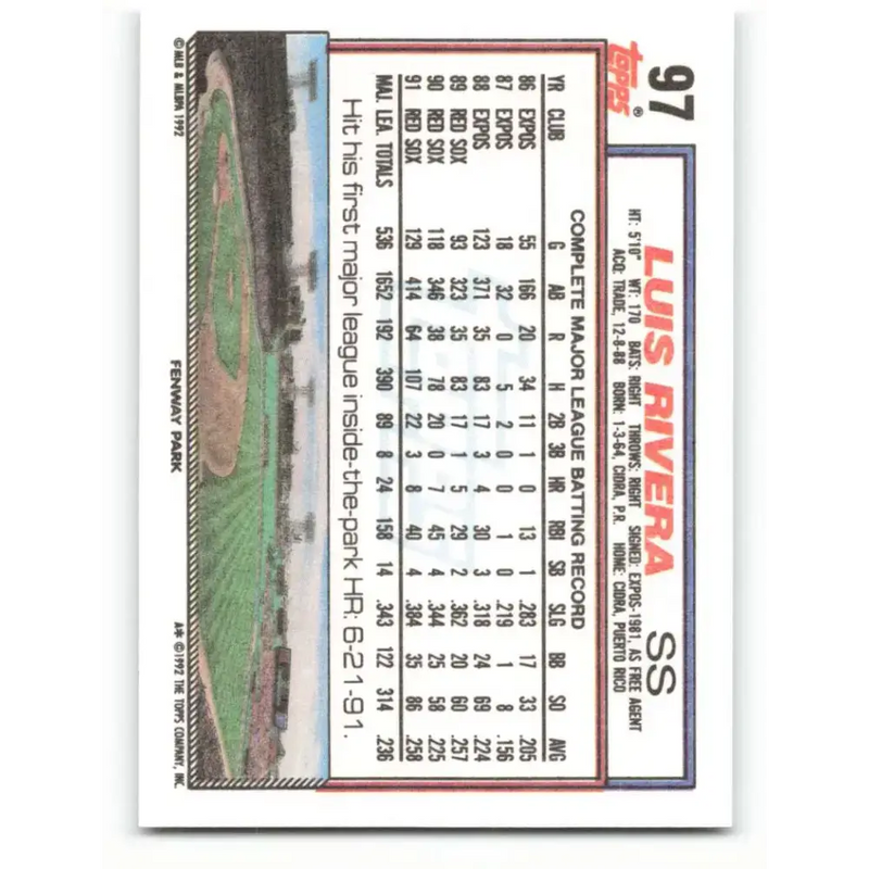 1992 Topps #97 Luis Rivera NM-MT Boston Red Sox Baseball Card - Baseball Card Single