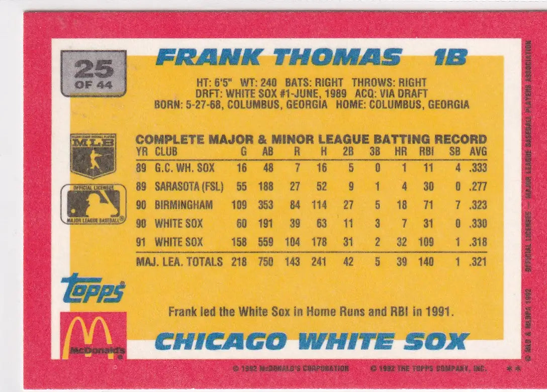 1992 TOPPS BOWMAN MCDONALDS #25 FRANK THOMAS- CHICAGO WHITE SOX