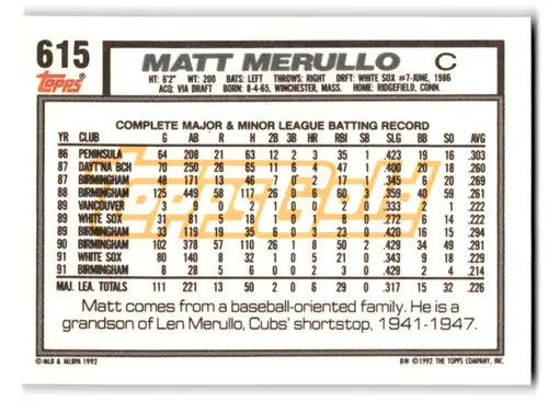 Baseball card back with original gloss from 1992 Topps Gold Winners Matt Merullo White Sox