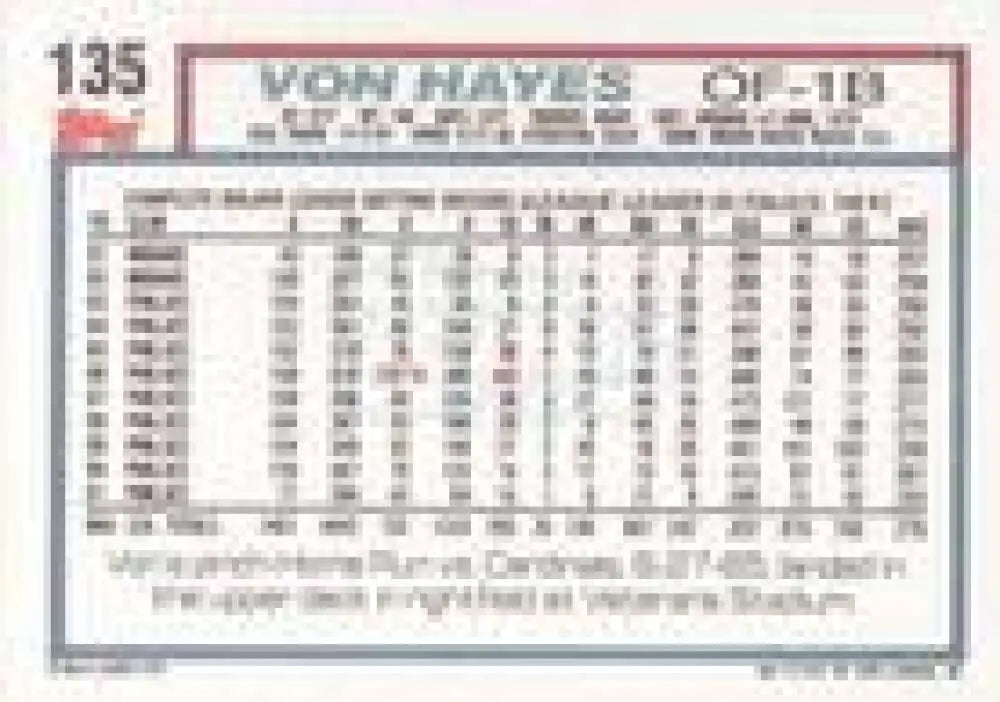 1992 Topps Micro #135 Von Hayes NM-MT Philadelphia Phillies Baseball Card - Baseball Card Single