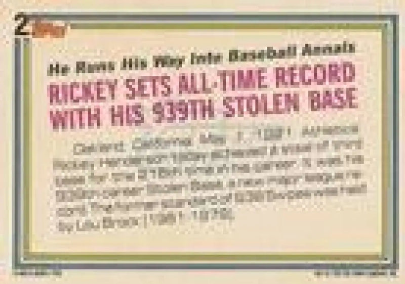 1992 Topps Micro #2 Rickey Henderson NM-MT Oakland Athletics Baseball Card - Baseball Card Single