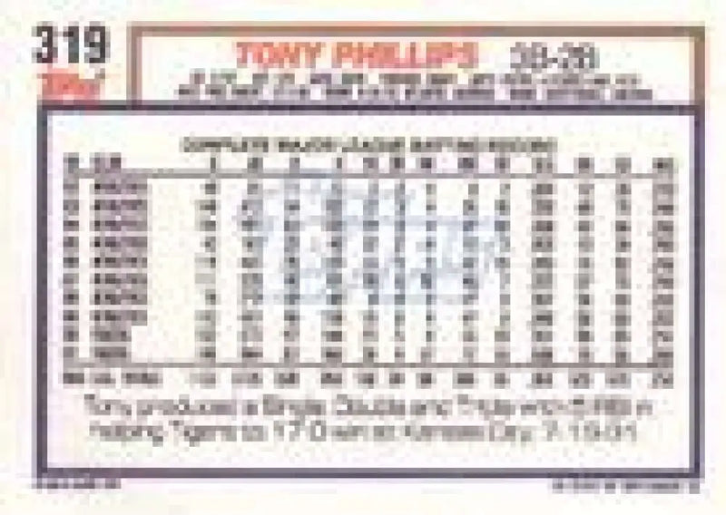 1992 Topps Micro #319 Tony Phillips NM-MT Detroit Tigers Baseball Card - Baseball Card Single