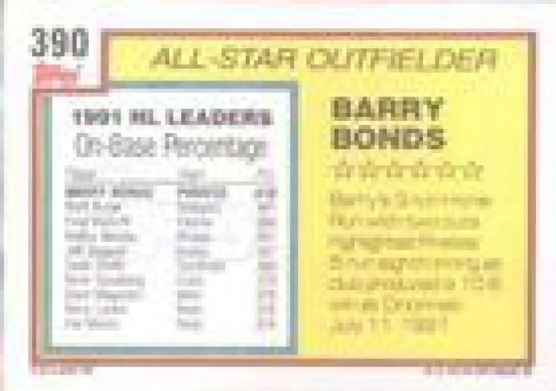 1992 Topps Micro #390 Barry Bonds NM-MT Pittsburgh Pirates Baseball Card - Baseball Card Single