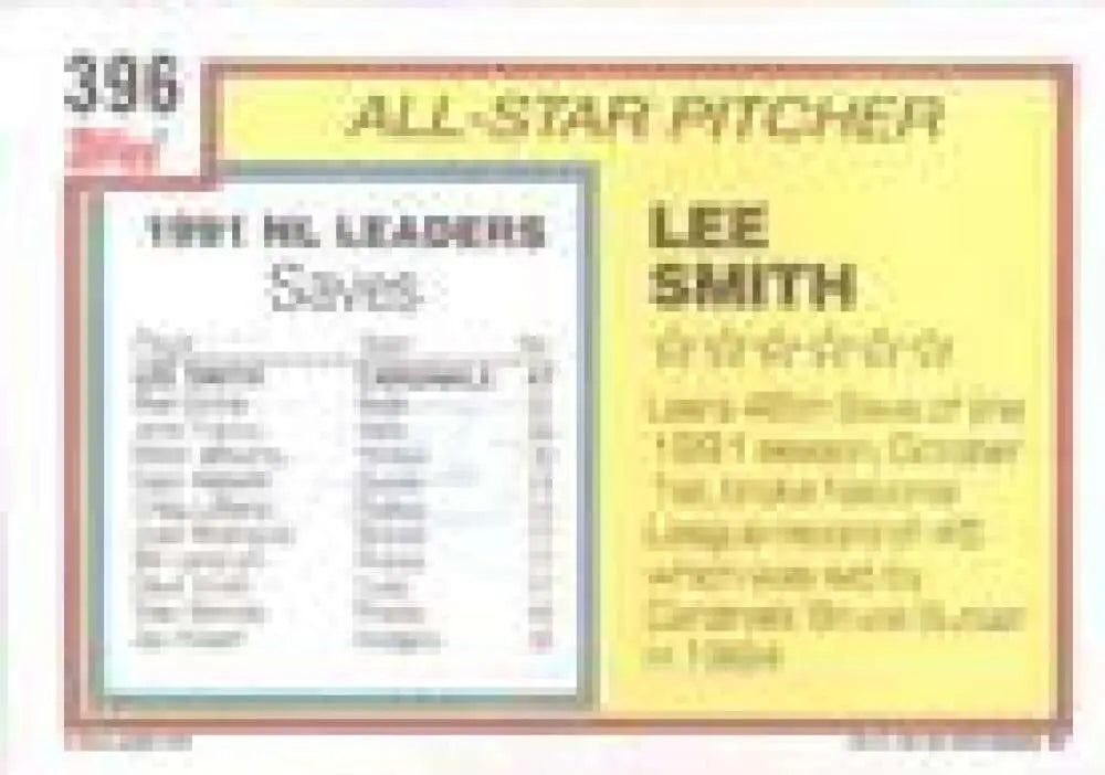 1992 Topps Micro #396 Lee Smith NM-MT St. Louis Cardinals Baseball Card - Baseball Card Single