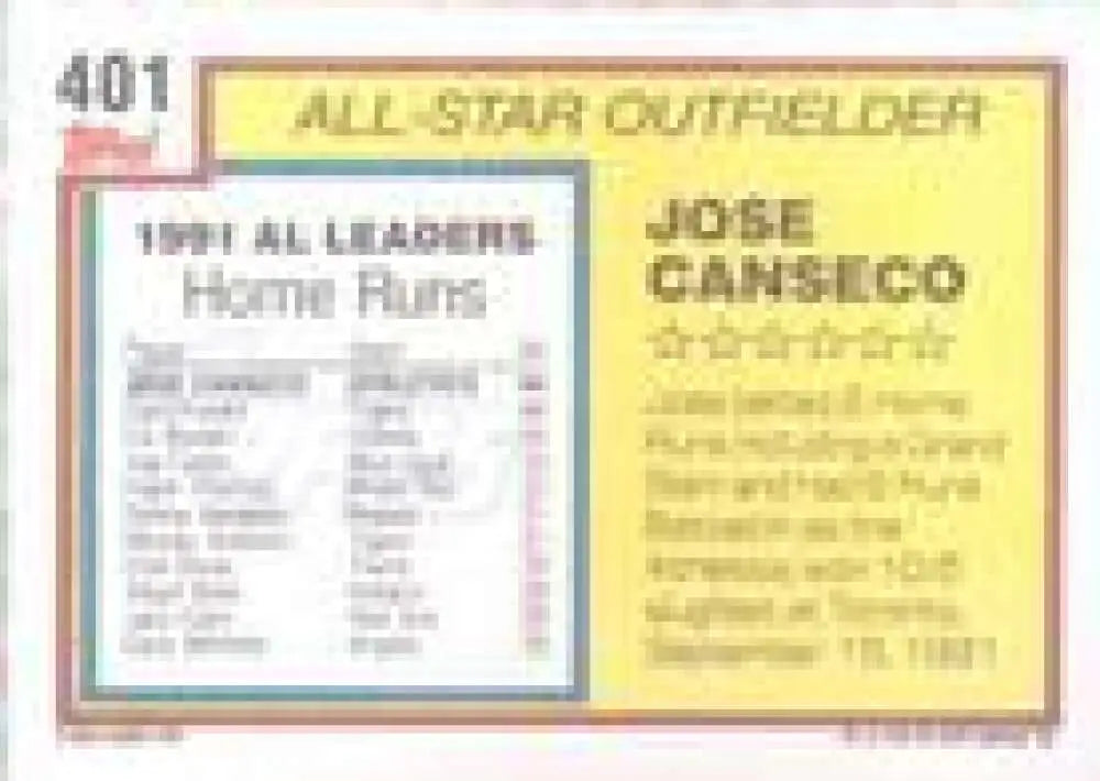 1992 Topps Micro #401 Jose Canseco NM-MT Oakland Athletics Baseball Card - Baseball Card Single