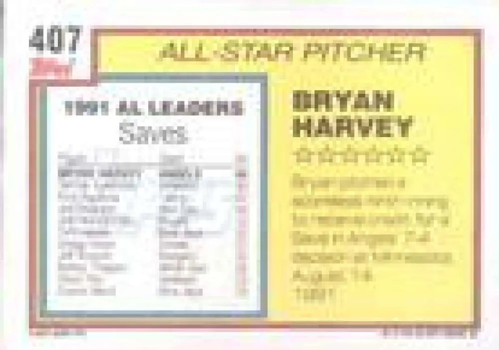 1992 Topps Micro #407 Bryan Harvey NM-MT California Angels Baseball Card - Baseball Card Single