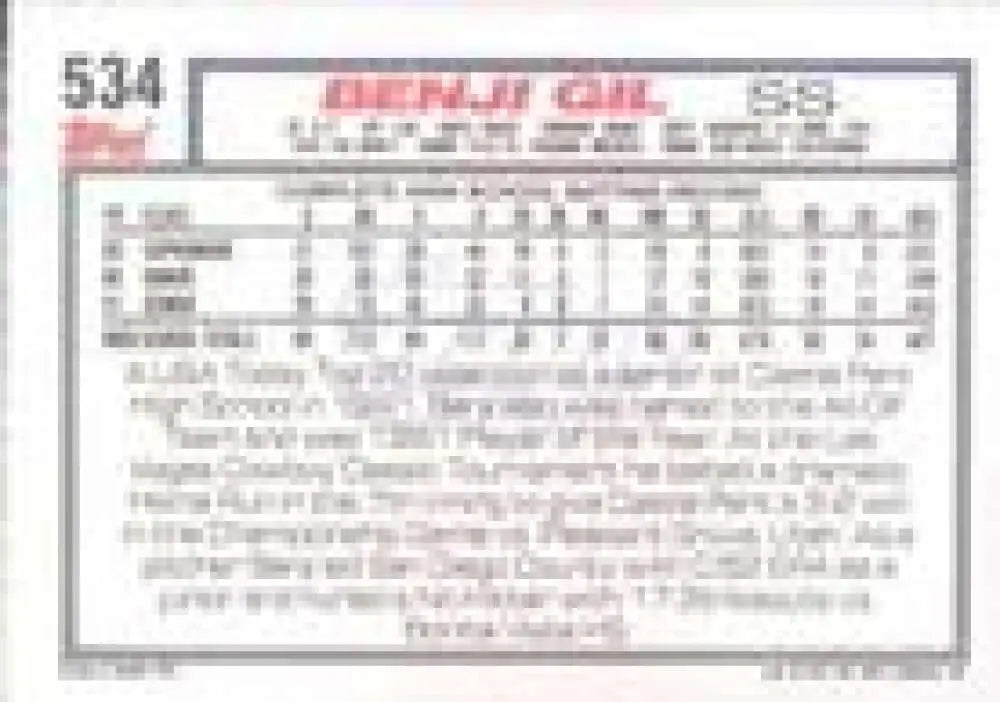 1992 Topps Micro #534 Benji Gil NM-MT RC Rookie Texas Rangers Baseball Card - Baseball Card Single