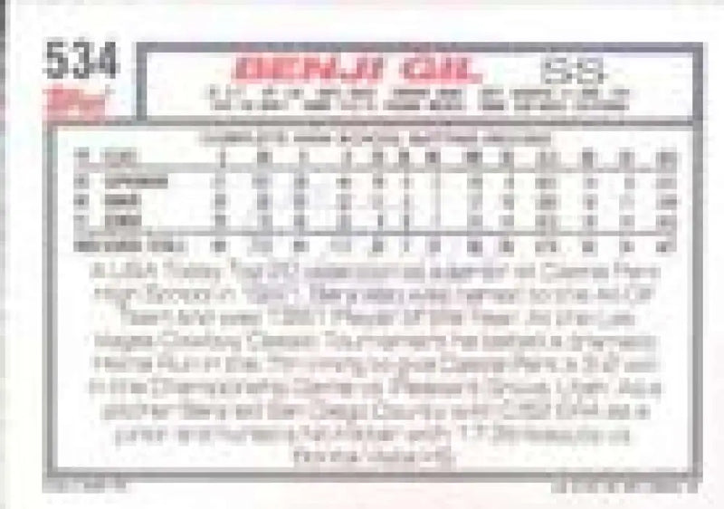 1992 Topps Micro #534 Benji Gil NM-MT RC Rookie Texas Rangers Baseball Card - Baseball Card Single