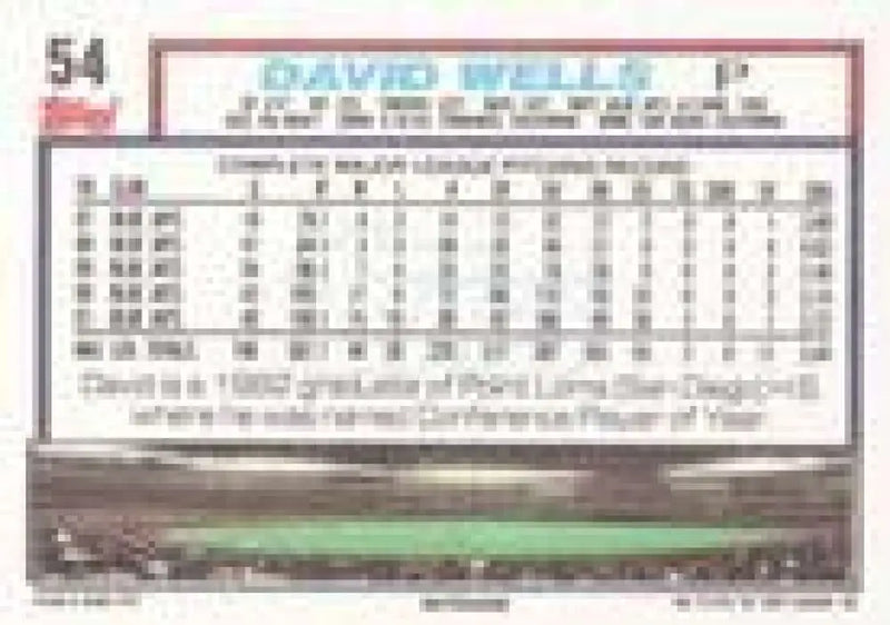 1992 Topps Micro #54 David Wells NM-MT Toronto Blue Jays Baseball Card - Baseball Card Single