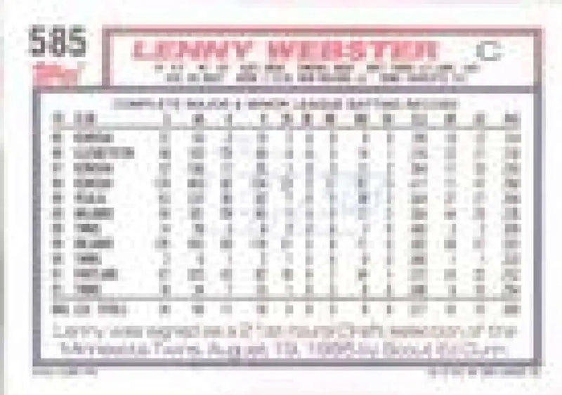 1992 Topps Micro #585 Lenny Webster NM-MT Minnesota Twins Baseball Card - Baseball Card Single