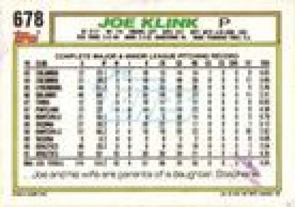 1992 Topps Micro #678 Joe Klink NM-MT Oakland Athletics Baseball Card - Baseball Card Single