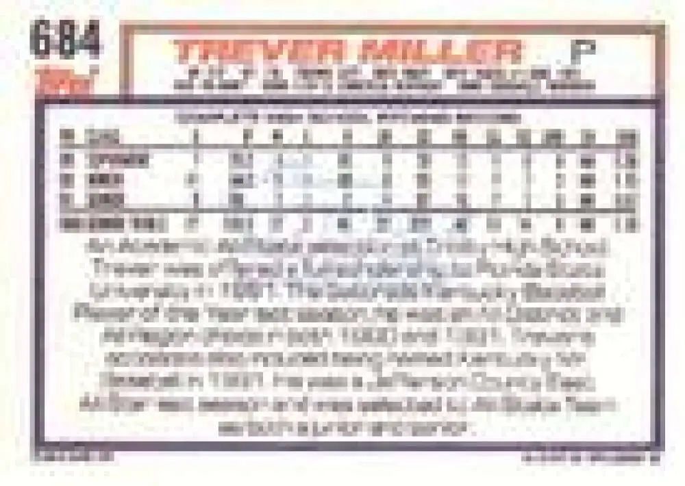 1992 Topps Micro #684 Trever Miller NM-MT RC Rookie Detroit Tigers Baseball Card - Baseball Card Single