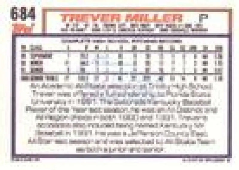 1992 Topps Micro #684 Trever Miller NM-MT RC Rookie Detroit Tigers Baseball Card - Baseball Card Single