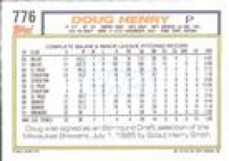 1992 Topps Micro #776 Doug Henry NM-MT RC Rookie Milwaukee Brewers Baseball Card - Baseball Card Single