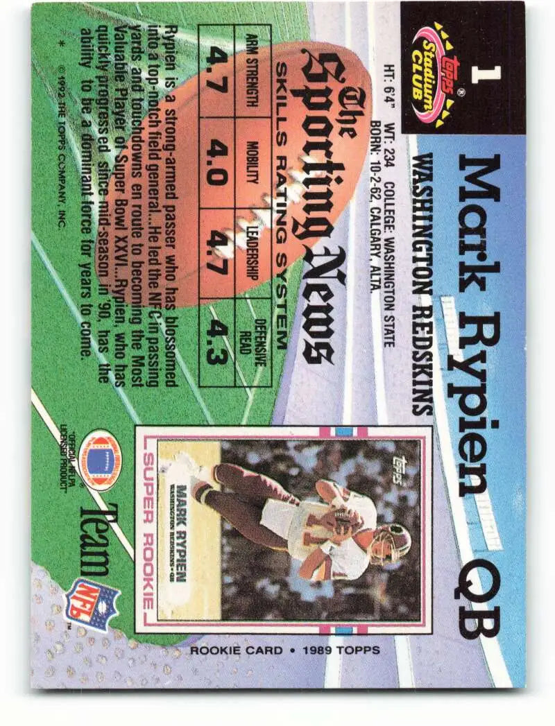 1992 Topps Stadium Club #1 Mark Rypien EX Excellent Washington Redskins Football Card