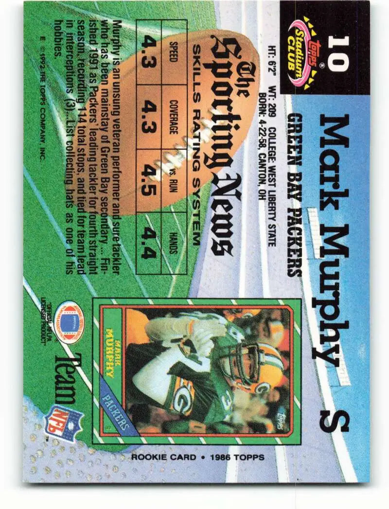1992 Topps Stadium Club #10 Mark Murphy EX Excellent Green Bay Packers Football Card - Football Card Single